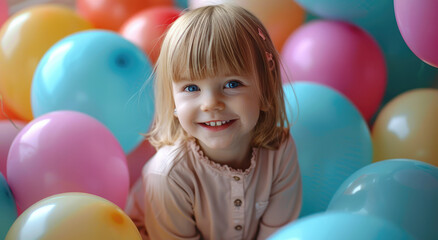 Fototapeta na wymiar a little girl celebrating her birthday surrounded by balloons, happy and excited, with blonde hair and bangs