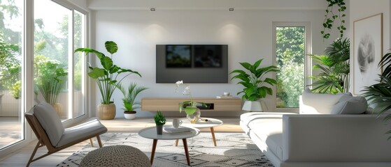 3D rendering of a smart TV in a living room.