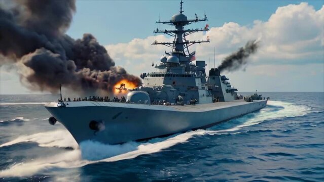 Naval tragedy: a military ship engulfed in flames, billowing thick smoke.. Generated with AI