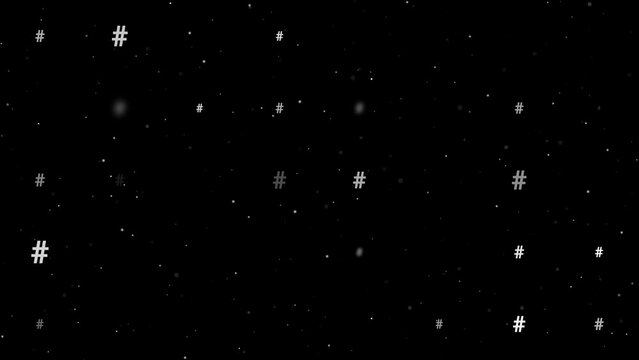 Template animation of evenly spaced hash symbols of different sizes and opacity. Animation of transparency and size. Seamless looped 4k animation on black background with stars