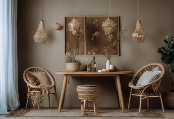 Brown ning room rattan dried rattan poster table rattan chair interior wall boho vase vintage armchair poster lamp up Mock Stylish flowers mock