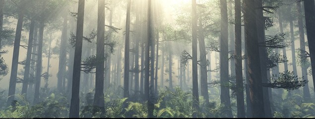 Forest in the morning in a fog in the sun, trees in a haze of light, glowing fog among the trees, 3D rendering - 792843811