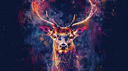 Like an abstract multicolored deer in watercolor style on a black background. digital vector graphics - obrazy, fototapety, plakaty