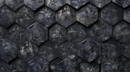 Black anthracite dark grunge seamless concrete stone tile cement texture background banner panorama, with octagon 3d print pattern - obrazy, fototapety, plakaty