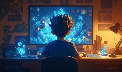 A little boy sitting in front of the computer, facing away from him with his back to us and looking at an animated video game on screen. 