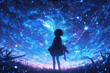 A little boy stands on the top of his hill, gazing up at an endless sky filled with stars and constellations. The night is peaceful as he watches the dreams in their tiny forms float through space. 