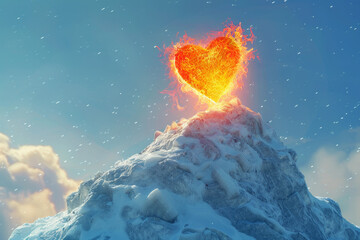 3D burning heart on the peak of a snow mountain, represent passion - obrazy, fototapety, plakaty