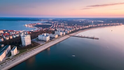 Amazing aerial landscape of Gdynia by the Baltic Sea at dusk. Poland