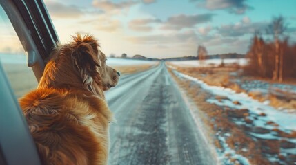 Dog traveling by car. Nova Scotia Duck Tolling Retriever enjoying a road trip. - obrazy, fototapety, plakaty
