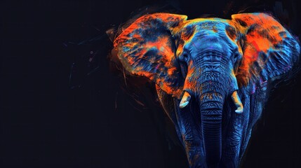 Colored abstract image of an African elephant in watercolor style on a black background. digital vector graphics