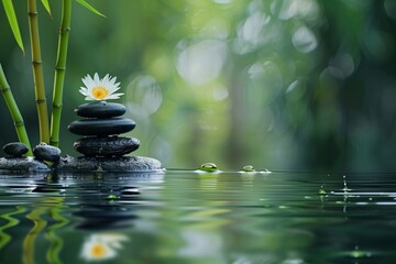 Tranquil Zen garden with pebbles, bamboo, blossoms, and a serene water feature, perfect for unwinding and rejuvenating the mind and body through massages, spa treatments, and self-care practices.