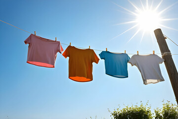 T-shirts hanging on a clothesline in front of blue sky and sun