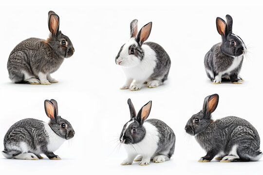 Six rabbits in various poses, photographed on a white background