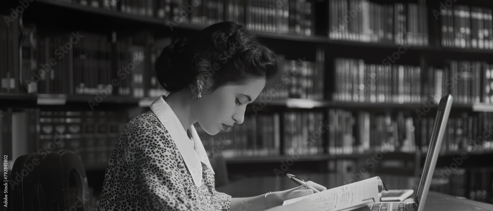 Poster in a university library, a smart caucasian girl uses a laptop and writes notes for paper, essays, an