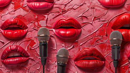 Artistic Representation of Red Lipstick Kisses and Microphones on Cracked Surface