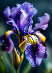  close up photo of a beautiful  blue iris with exquisite details 