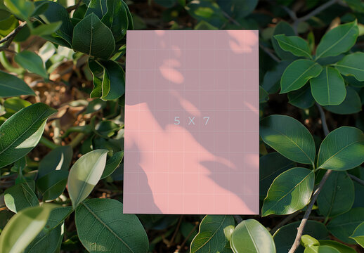 5 x 7 Card Mockup With Green Leaves Background and Generative ai