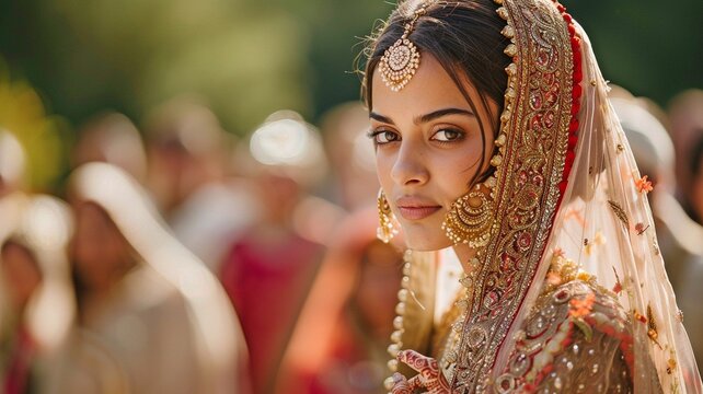 A beautiful Indian bride dressed traditionally is surrounded by guests during her sunny outdoor wedding ceremony.
