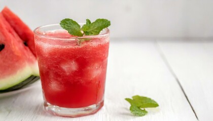 Watermelon juice on white wooden background.
