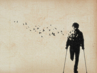 Man on crutches. Death and afterlife. Flying bird. Abstract silhouette