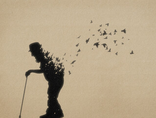 Old man with cane. Death and afterlife. Birds fly. Abstract silhouette