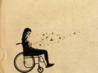 Girl in wheelchair. Death and afterlife. Bird fly. Abstract silhouette