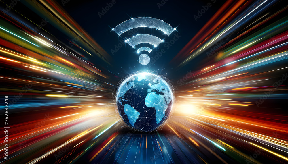 Poster concept of advanced digital connectivity and data flow, showing glowing digital icons wi-fi signals,