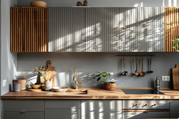 Stylish Modern Kitchen Interior with Sunlight Casting Shadows, Wooden Features, and Greenery.