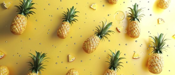 The raining of pineapples on a yellow background. Rendering in 3D