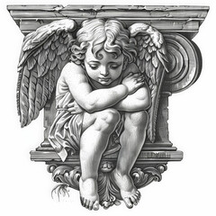 Angel Child with Large Wings Rests in Artistic Monochrome Illustration