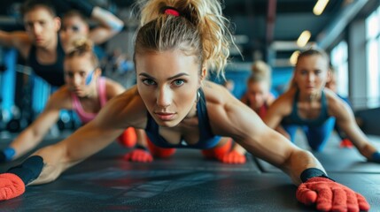 Naklejka premium Male and female athletes with ponytails and exercise gloves together. Do planks for strength and abs in the gym for a healthy and sporty lifestyle.