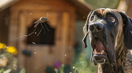 Close-up, very sharp photo with intricate details of a Great Dane trying to catch an Aedes aegypti mosquito flying in front of it with its wings buzzing