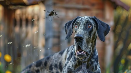 Close-up, very sharp photo with intricate details of a Great Dane trying to catch an Aedes aegypti mosquito flying in front of it with its wings buzzing - obrazy, fototapety, plakaty