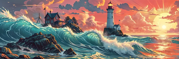 Drawing in manga style - white lighthouse. Generative AI