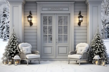 3D rendering of a front door of a house decorated for holidays