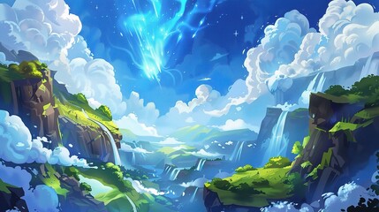 Epic Fantasy World Concept Art with Lush Greenery, Waterfalls, and White Clouds, Glowing Energy Field and Magical Celestial Light, Fantasy Game Art Style, Vibrant Colors, Detailed Render