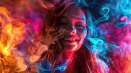 A woman is joyfully smiling amidst vibrant colored smoke surrounding her