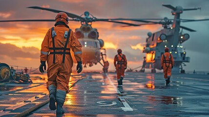 Obraz premium helicopter crew or passenger working in the offshore oil and gas business; passenger air transportation; helicopter landings on an offshore platform.