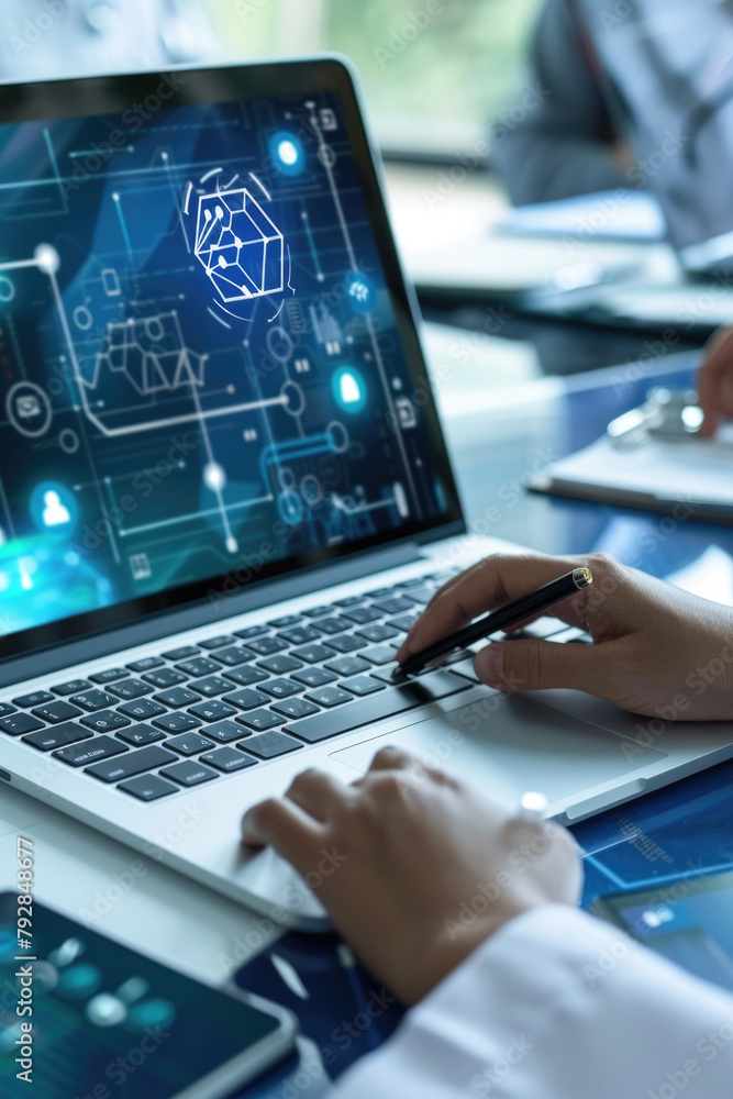 Poster a person examines complex digital graphs and data overlay on a laptop screen in an office setting
