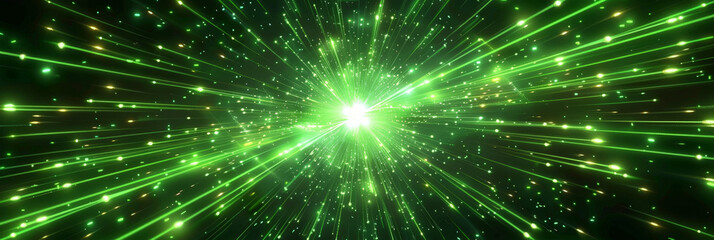 Fototapeta premium Green light burst speed montion background, green Explode particles freeze splash, gsuitable for futuristic, technology, or energy concept designs, banner, copy space, 
