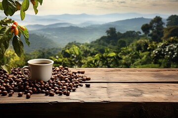 Coffee cup and coffee beans on wooden table with nature background - Powered by Adobe