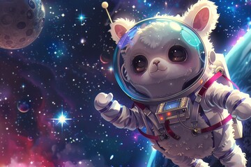 Cosmic Alpaca: Adorable Kawaii Astronaut Exploring Outer Space