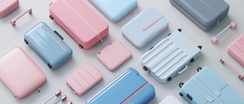 Suitcases flat laid with travel accessories rendered in 3D.