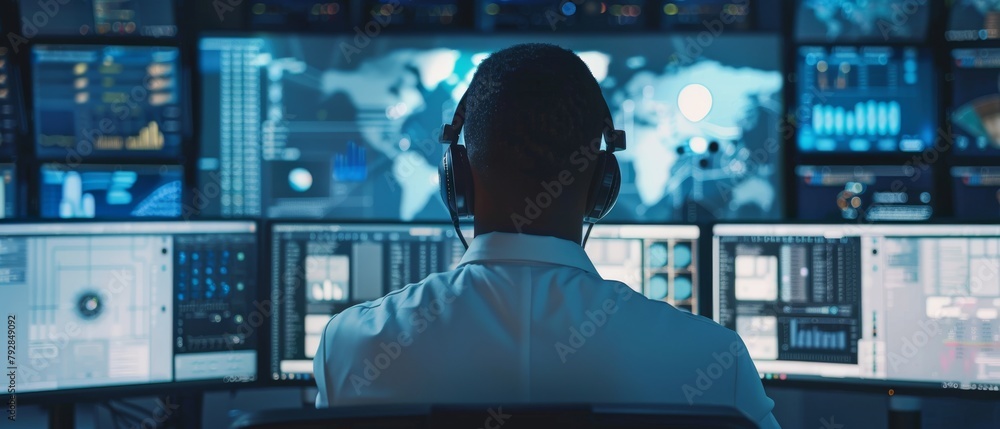 Poster data scientist working on computer wearing headset in big infrastructure control and monitoring room