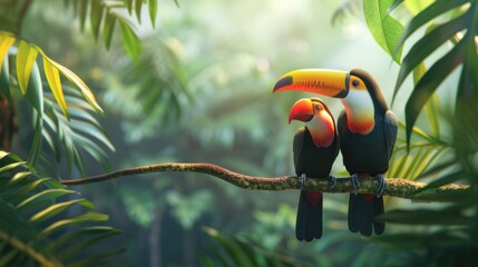 Two colorful toucan birds (Ramphastidae) on branches in the rainforest A few toucan birds and leaves of tropical plants on a blurred background.