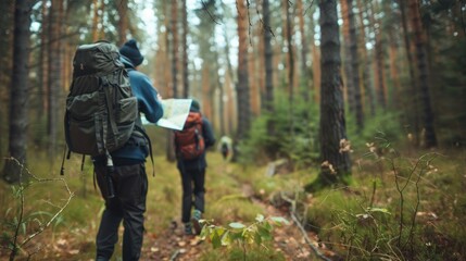 Obraz premium Hiking with friends Walk through the countryside and read a map. Hiker looking at map Outdoor activities, teamwork. Hiking. Camping and wild life concept.