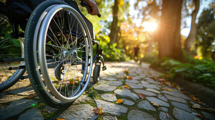 A person using a wheelchair navigates a path outdoors