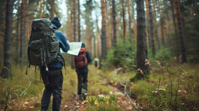 Hiking with friends Walk through the countryside and read a map. Hiker looking at map Outdoor activities, teamwork. Hiking. Camping and wild life concept.