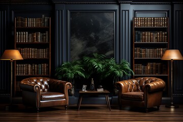 Interior of a modern living room with dark wooden walls, concrete floor, black leather sofas and bookshelf with books. 3d rendering