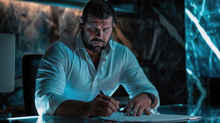 A focused man writing notes on documents, illuminated by dim light in a nighttime office setting